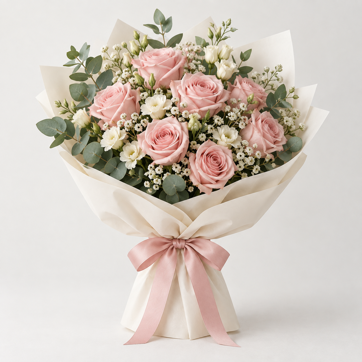 Buquê delicado de rosas cor-de-rosa, flores brancas e folhagens, envolto em papel claro e laço rosa.